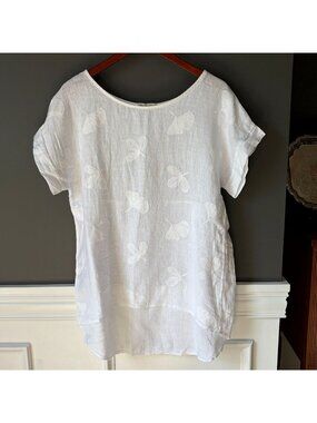 Terzo Millennio White Linen Butterfly Embroidered High Low Top Italy Small